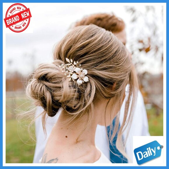 Accessories - Floral Bridal Hair Comb with Pearls, Gold Plated Wedding Hair Clip